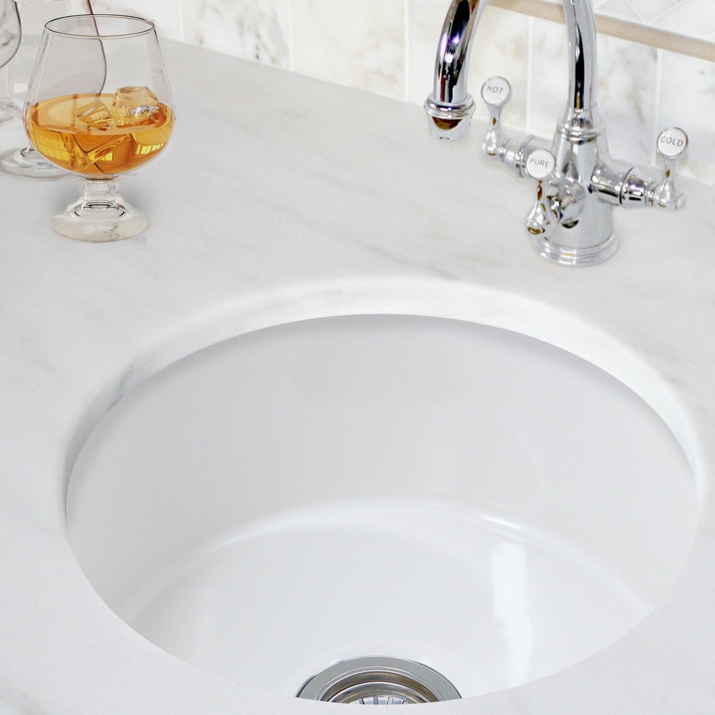 Nantucket 18" Fireclay Round Bar-Prep Sink - Hyannis-18 showing high gloss white finish in kitchen setting.