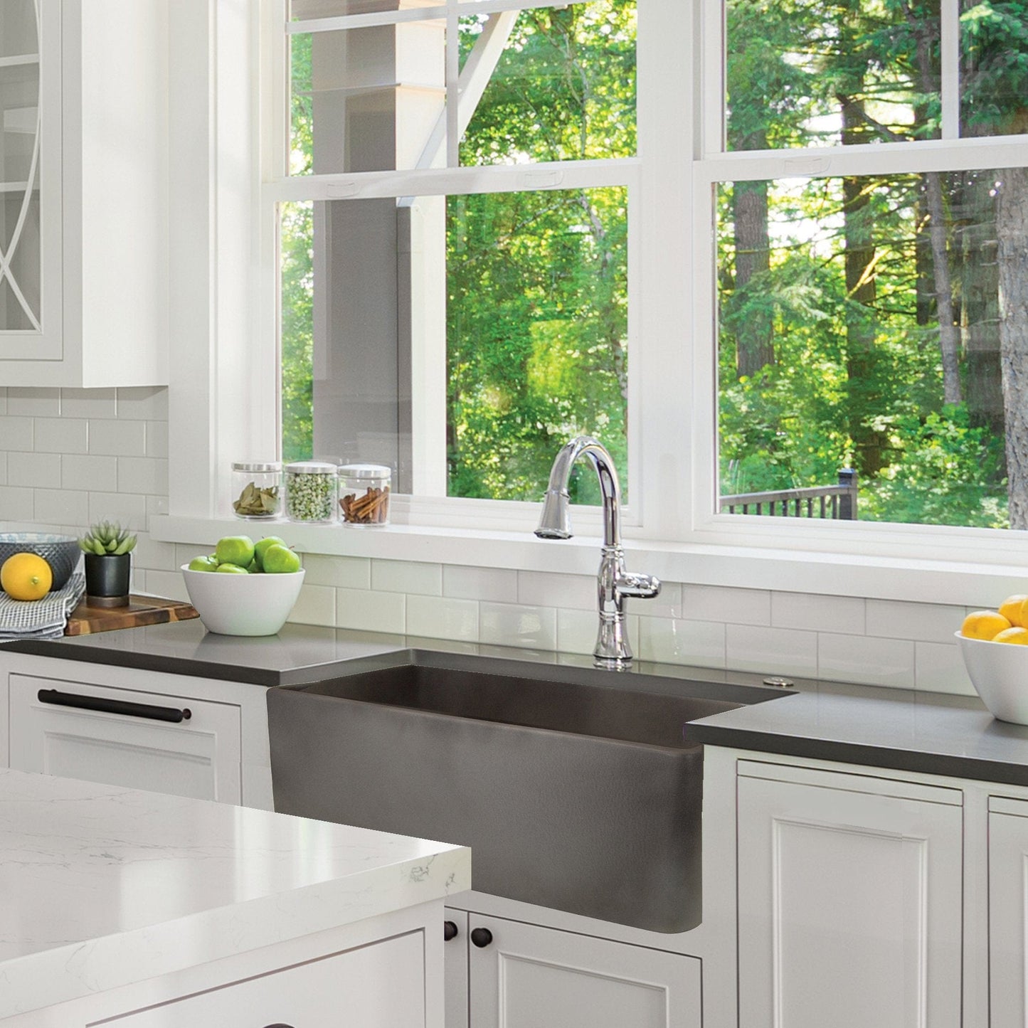 Nantucket 30" Farmhouse Fireclay Sink with Concrete Finish - FCFS3020S-Concrete installed in a modern kitchen setting.