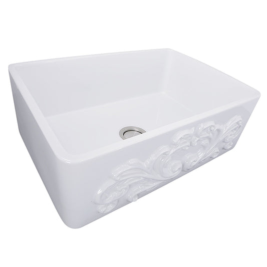 Nantucket 30" Farmhouse Fireclay Sink with Filigree Apron - FCFS3020S-Filigree featuring intricate ornamental patterns.