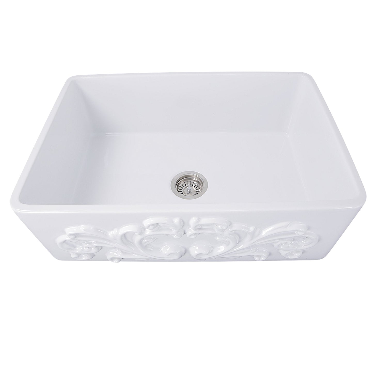 Nantucket 30" Farmhouse Fireclay Sink with Filigree Apron - FCFS3020S-Filigree top view showcasing elegant design.