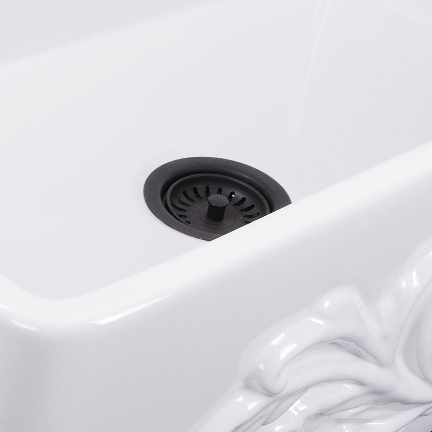 Nantucket 30" Farmhouse Fireclay Sink with Filigree Apron - FCFS3020S-Filigree drain detail and stylish design.