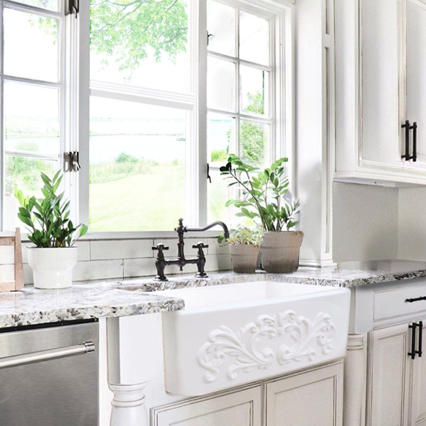 Nantucket 30" Farmhouse Fireclay Sink with Filigree Apron - FCFS3020S-Filigree in a bright kitchen setting.