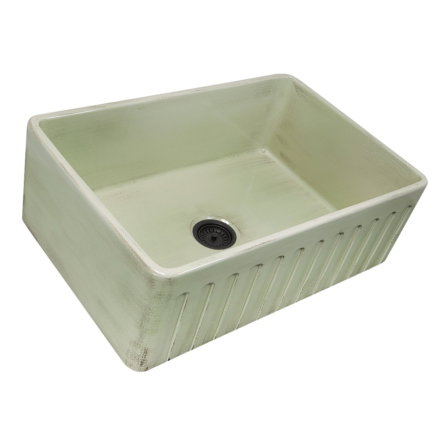 Nantucket 30" Farmhouse Fireclay Sink with Shabby Green Finish - FCFS3020S-ShabbyGreen showcasing a hand-distressed botanical finish.
