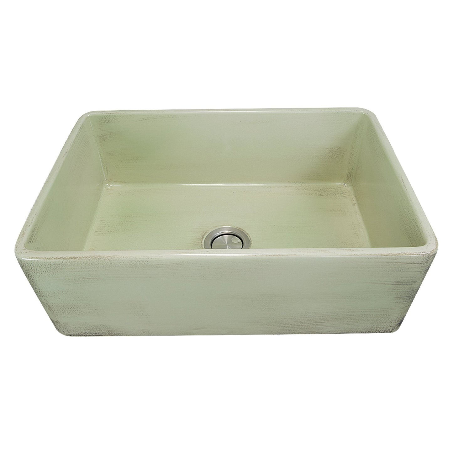Nantucket 30" Farmhouse Fireclay Sink with Shabby Green Finish - FCFS3020S-ShabbyGreen, showcasing its hand-distressed design.