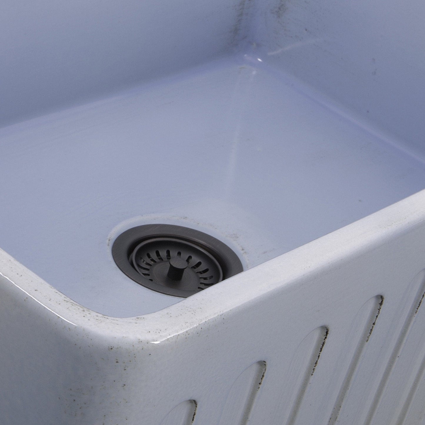 Nantucket 30" Farmhouse Fireclay Sink with Shabby Sugar Finish - FCFS3020S-ShabbySugar interior basin detail with drain.