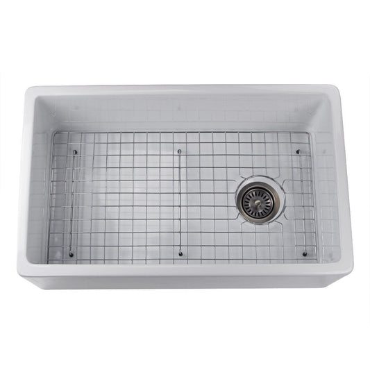 Nantucket 30" White Fireclay Farmhouse Sink Offset Drain with Grid - FCFS30