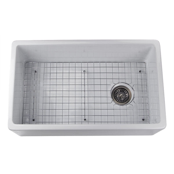 Nantucket 30 White Fireclay Farmhouse Sink Offset Drain with Grid - FCFS30