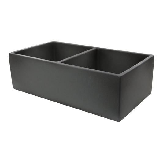 Nantucket 33" Double Bowl Farmhouse Fireclay Sink with Concrete Finish - FCFS3318D-Concrete featuring a sleek black finish.