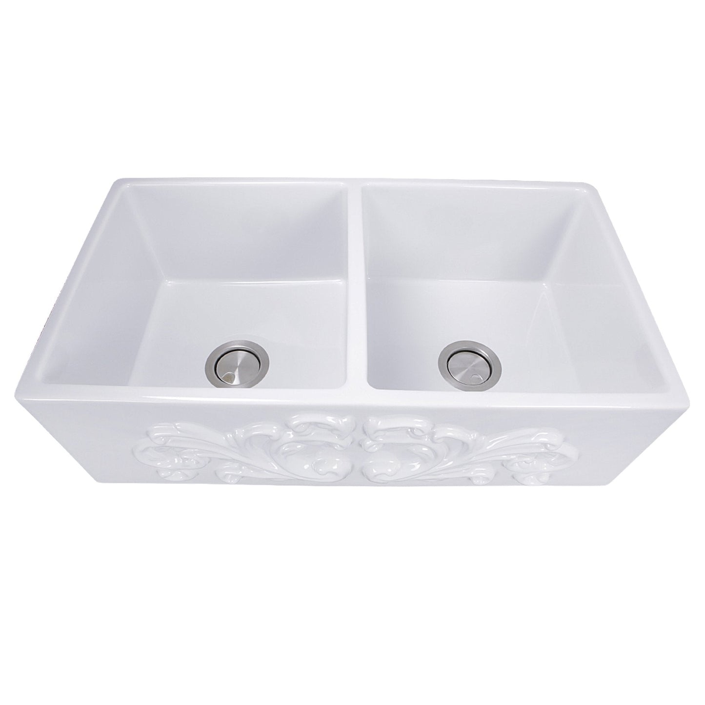 Nantucket 33" Double Bowl Farmhouse Fireclay Sink with Filigree Apron - FCFS3318D-Filigree in white ceramic design.
