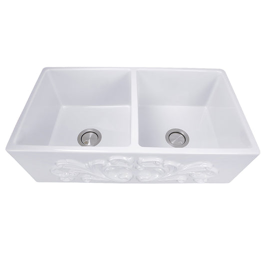 Nantucket 33" Double Bowl Farmhouse Fireclay Sink with Filigree Apron - FCFS3318D-Filigree in white ceramic design.