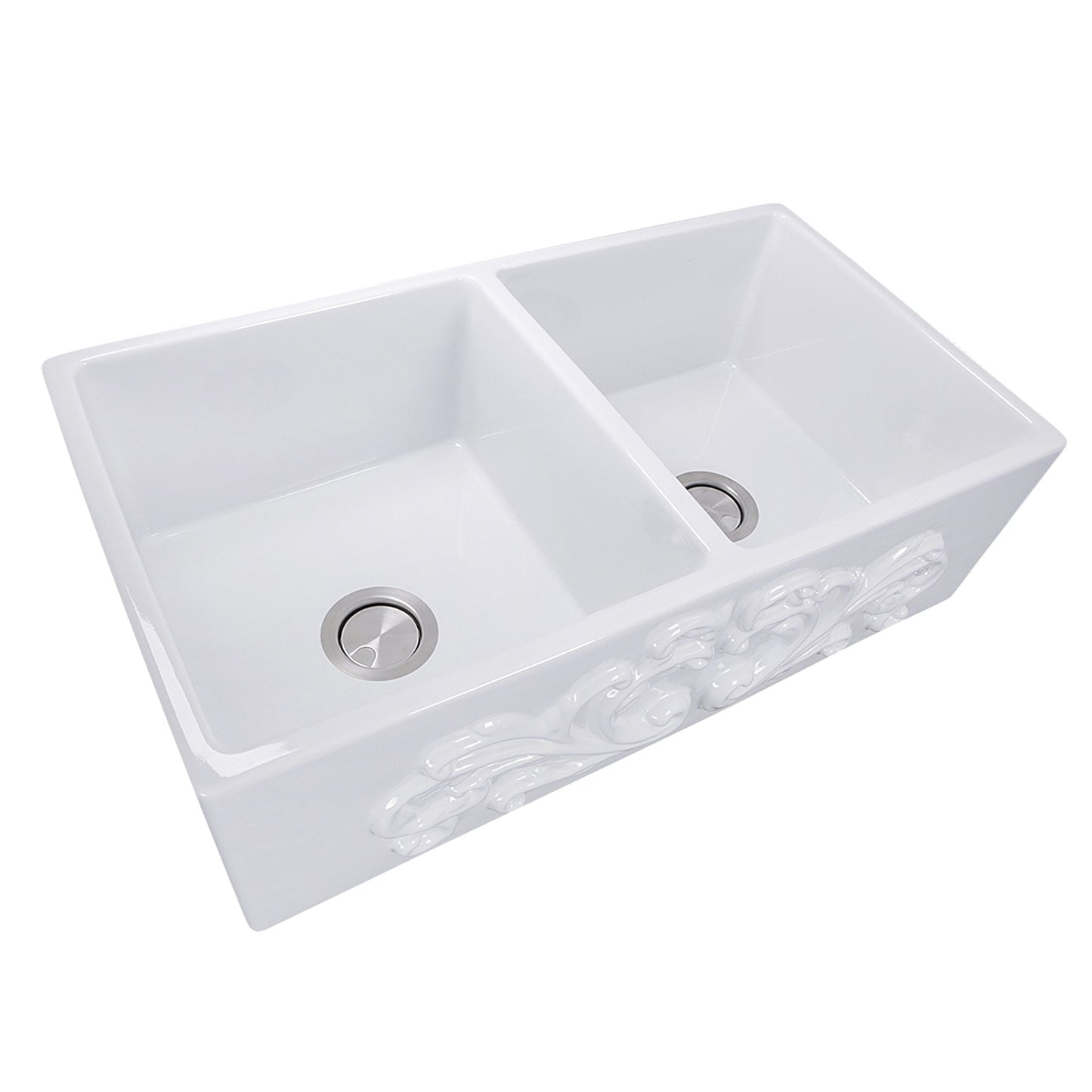 Nantucket 33" Double Bowl Farmhouse Fireclay Sink with Filigree Apron - FCFS3318D-Filigree featuring two large bowls.
