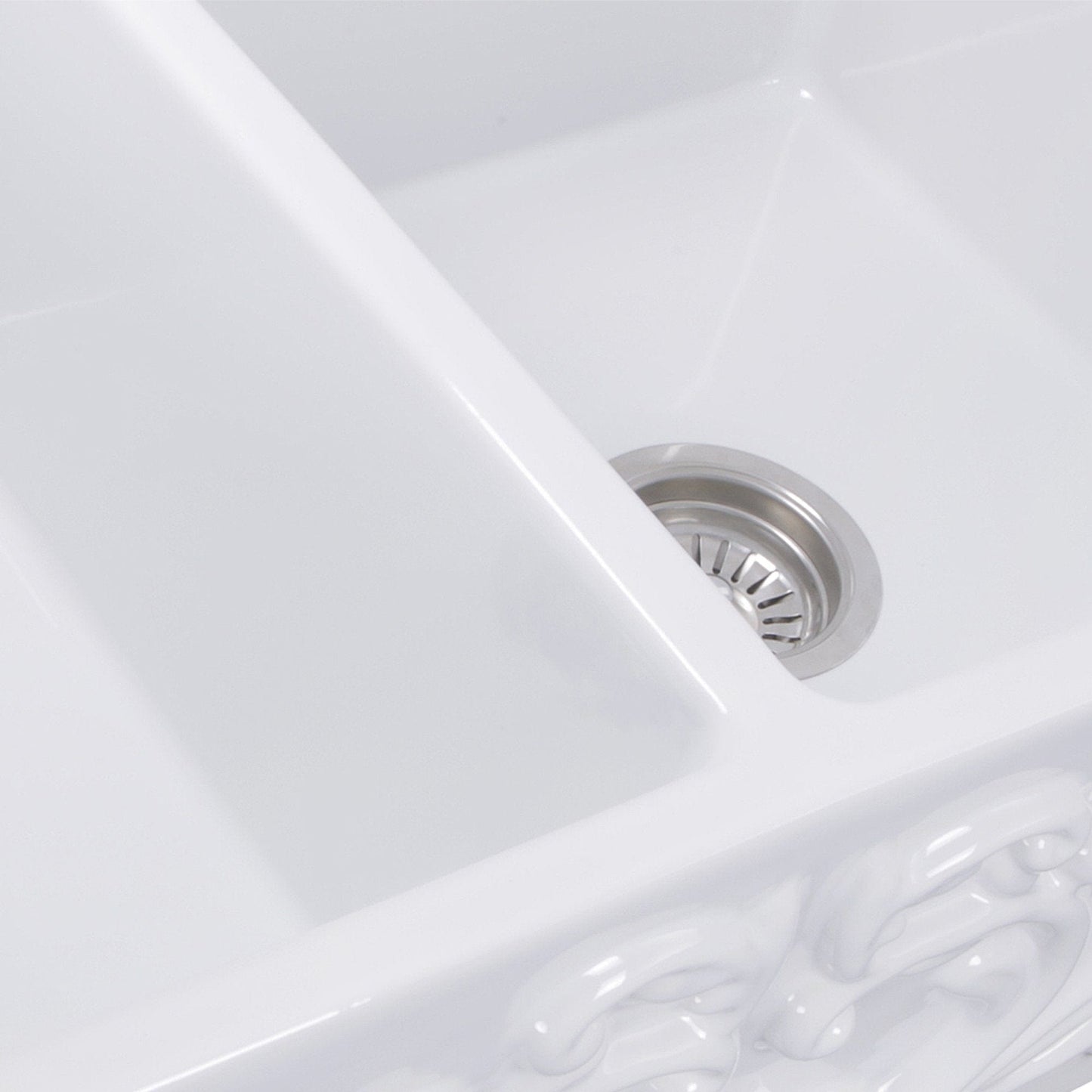 Nantucket 33" Double Bowl Farmhouse Fireclay Sink with Filigree Apron - FCFS3318D-Filigree close-up of bowls and drain