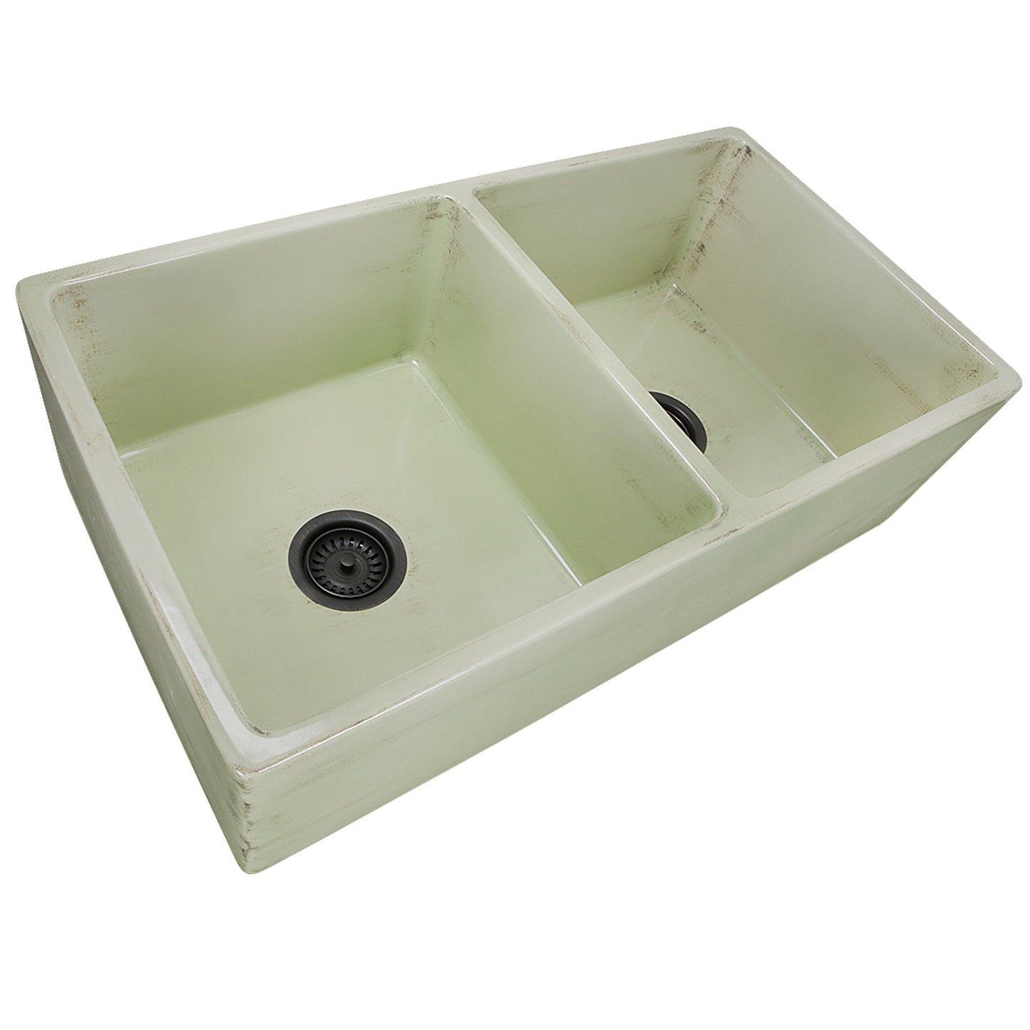 Nantucket 33" Double Bowl Farmhouse Fireclay Sink with Shabby Green Finish - FCFS3318D-ShabbyGreen in a kitchen setting.