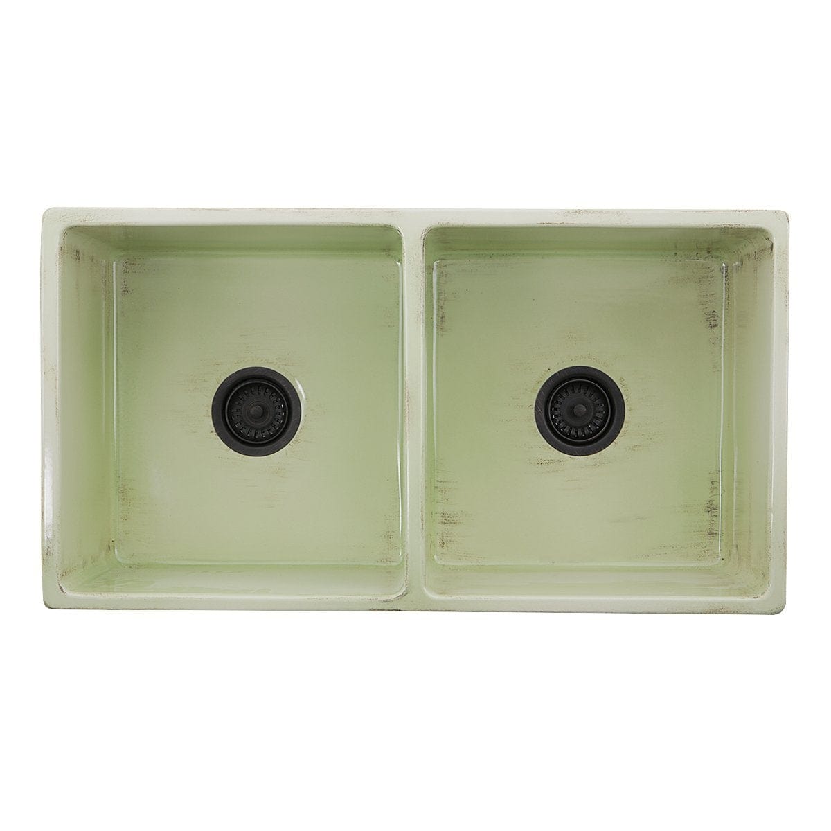 Nantucket 33" Double Bowl Farmhouse Fireclay Sink with Shabby Green Finish - FCFS3318D-ShabbyGreen top view of double bowl design.