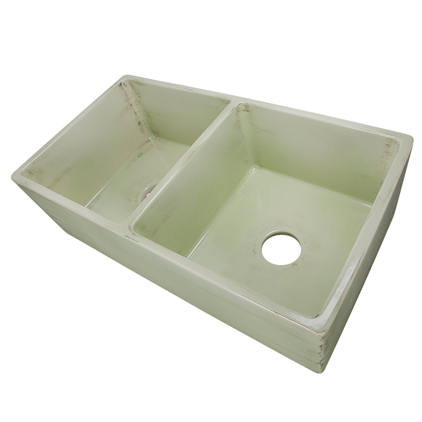 Nantucket 33" Double Bowl Farmhouse Fireclay Sink with Shabby Green Finish - FCFS3318D-ShabbyGreen showing hand-distressed finish.