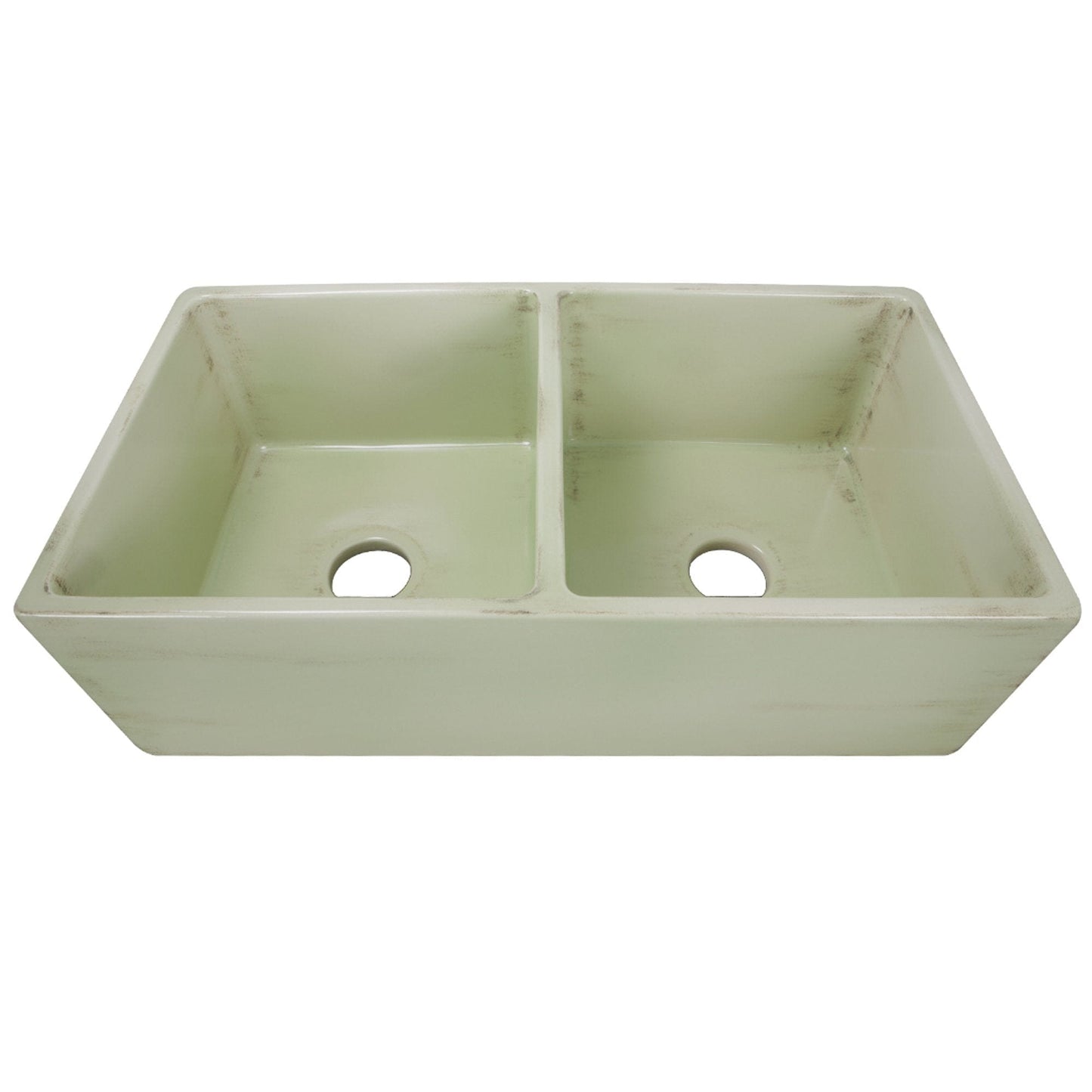 Nantucket 33" Double Bowl Farmhouse Fireclay Sink with Shabby Green Finish - FCFS3318D-ShabbyGreen with dual bowls.