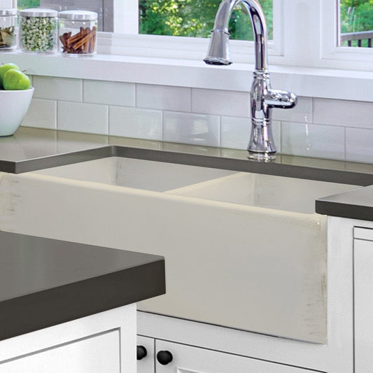 Nantucket 33" Double Bowl Farmhouse Fireclay Sink with Shabby Straw Finish - FCFS3318D-ShabbyStraw in modern kitchen
