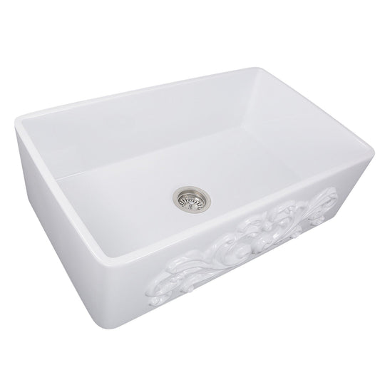 Nantucket 33" Farmhouse Fireclay Sink with Filigree Apron - FCFS3320S-Filigree showcasing intricate filigree design.