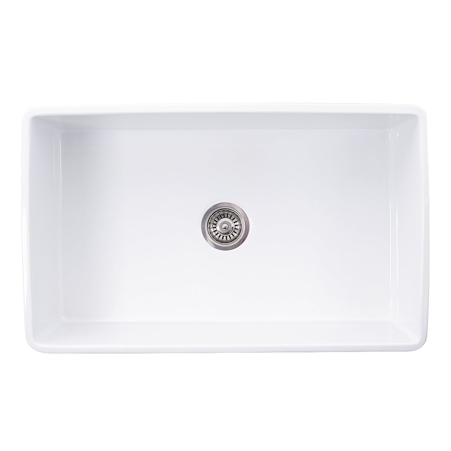 Nantucket 33" Farmhouse Fireclay Sink with Filigree Apron - FCFS3320S-Filigree top view showing smooth white surface and drain.