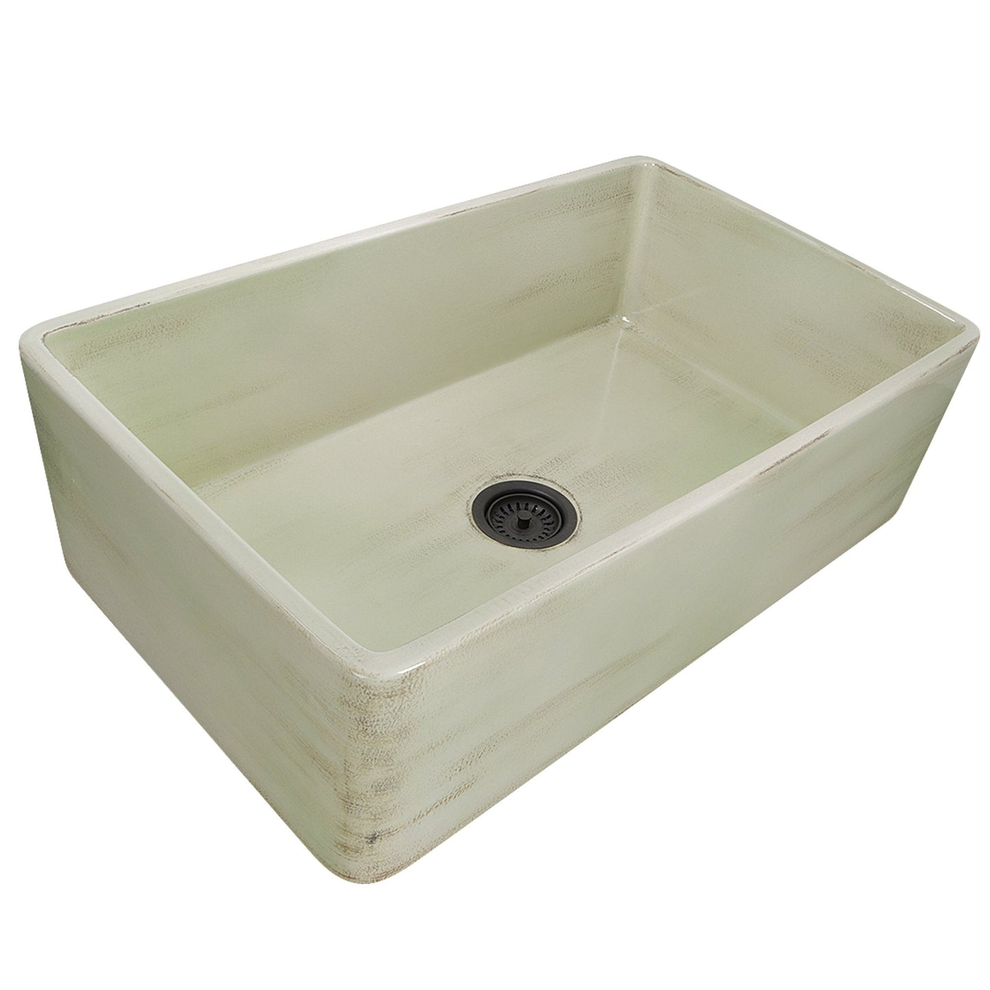 Nantucket 33" Farmhouse Fireclay Sink with Shabby Green Finish - FCFS3320S-ShabbyGreen angled view showing hand-distressed finish.