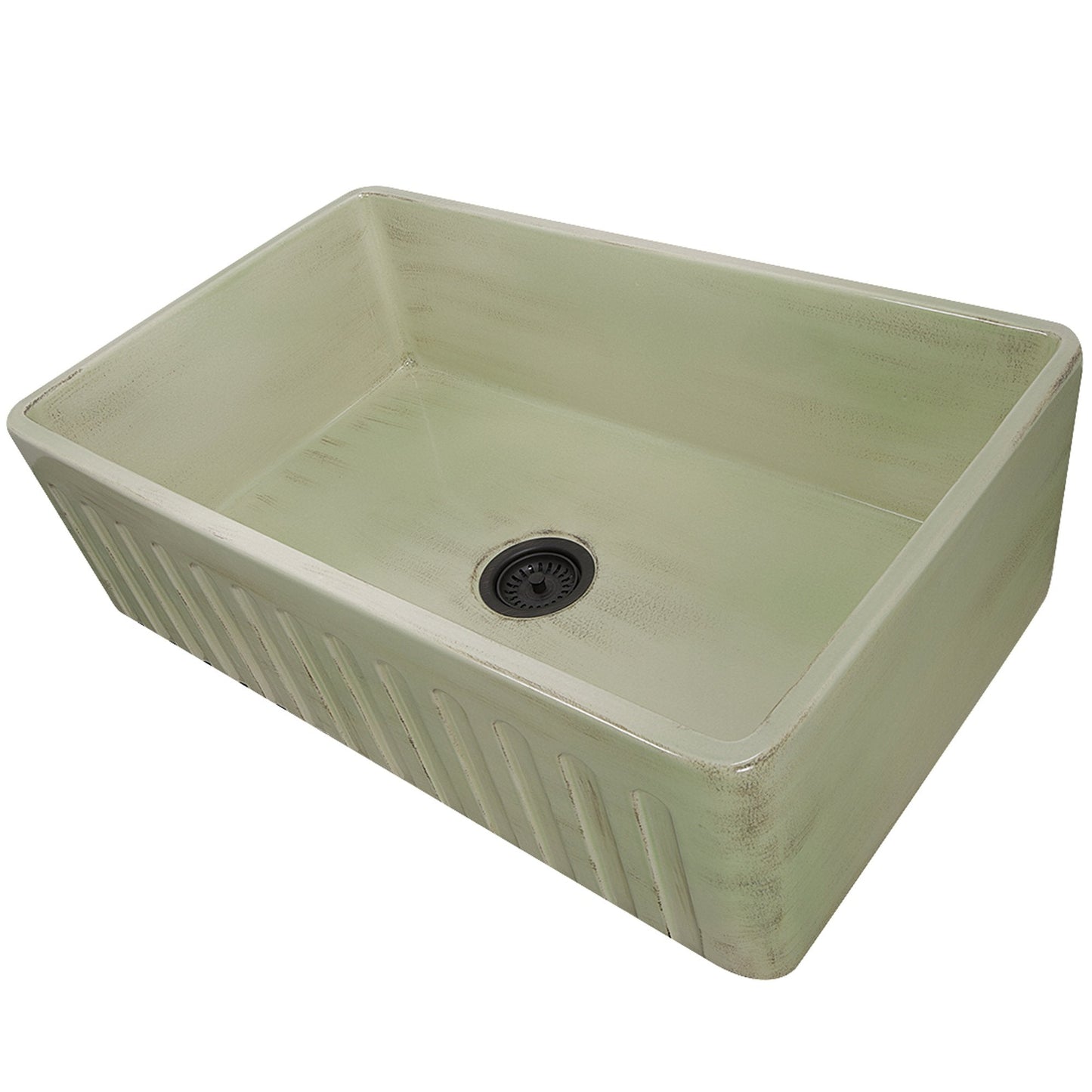Nantucket 33" Farmhouse Fireclay Sink with Shabby Green Finish - FCFS3320S-ShabbyGreen showcasing unique artisanal texture.