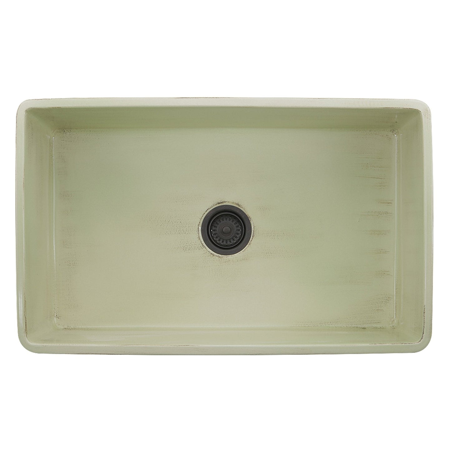 Nantucket 33" Farmhouse Fireclay Sink with Shabby Green Finish - FCFS3320S-ShabbyGreen top view showcasing unique distressed finish.