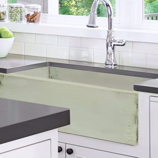 Nantucket 33" Farmhouse Fireclay Sink with Shabby Green Finish - FCFS3320S-ShabbyGreen installed in a modern kitchen.