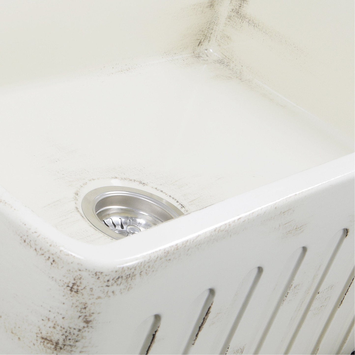 Nantucket 33" Farmhouse Fireclay Sink with Shabby Straw Finish - FCFS3320S-ShabbyStraw showing interior view and drain.