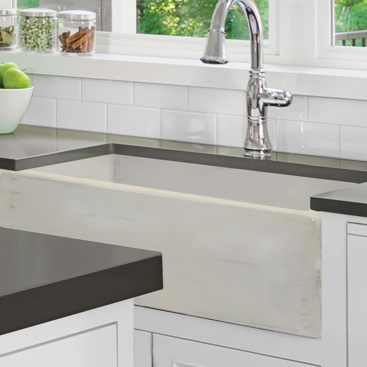 Nantucket 33" Farmhouse Fireclay Sink with Shabby Straw Finish - FCFS3320S-ShabbyStraw in a modern kitchen with black countertop.