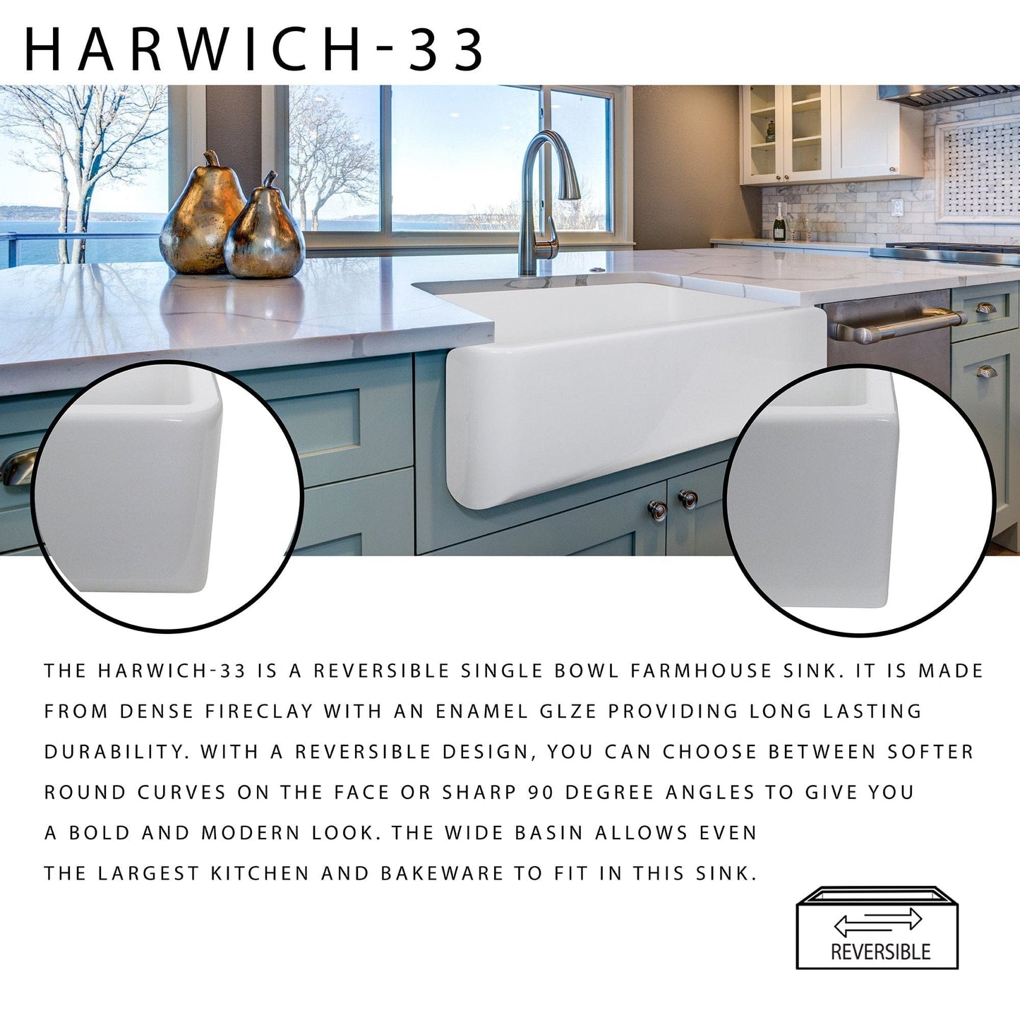 Nantucket 33" Italian Farmhouse Fireclay Sink - Harwich-33 displayed in a kitchen, showcasing reversible design and high durability.