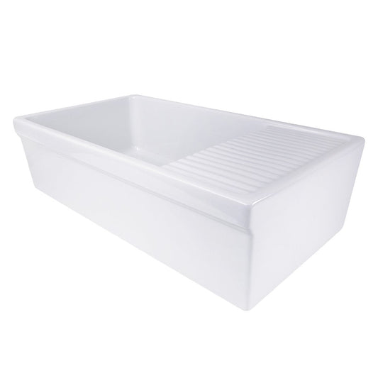 Nantucket 36" Italian Farmhouse Fireclay Sink with Built-In Drainboard - FCFS36-DB, white fireclay sink with drainboard design.