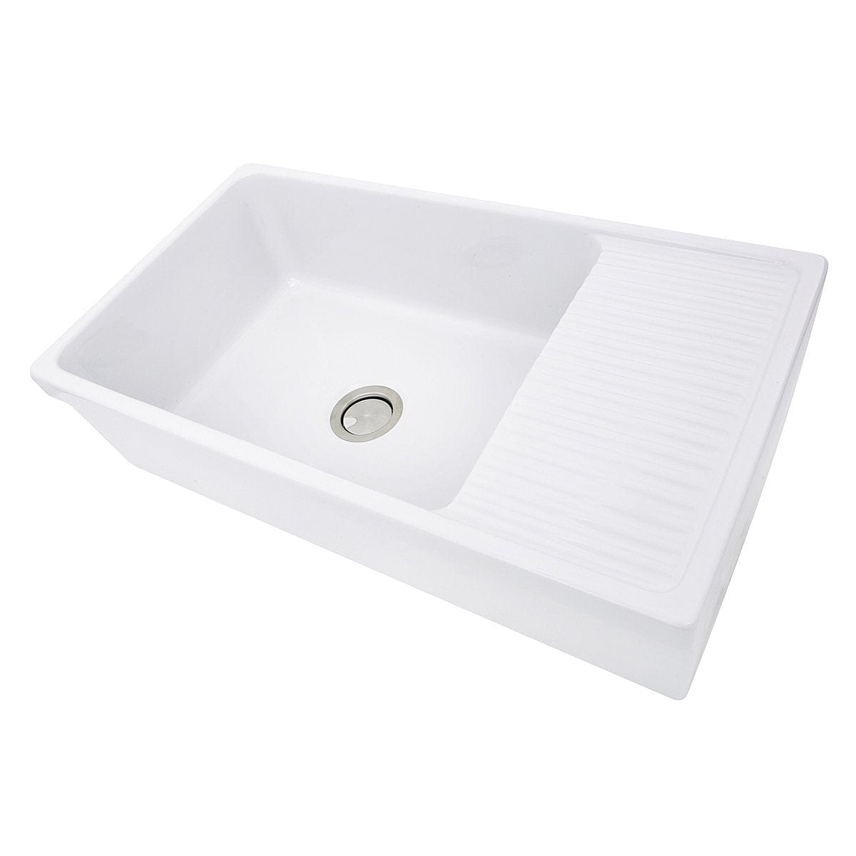 Nantucket 36" Italian Farmhouse Fireclay Sink with Built-In Drainboard - FCFS36-DB, featuring a sleek design and integrated drainboard.