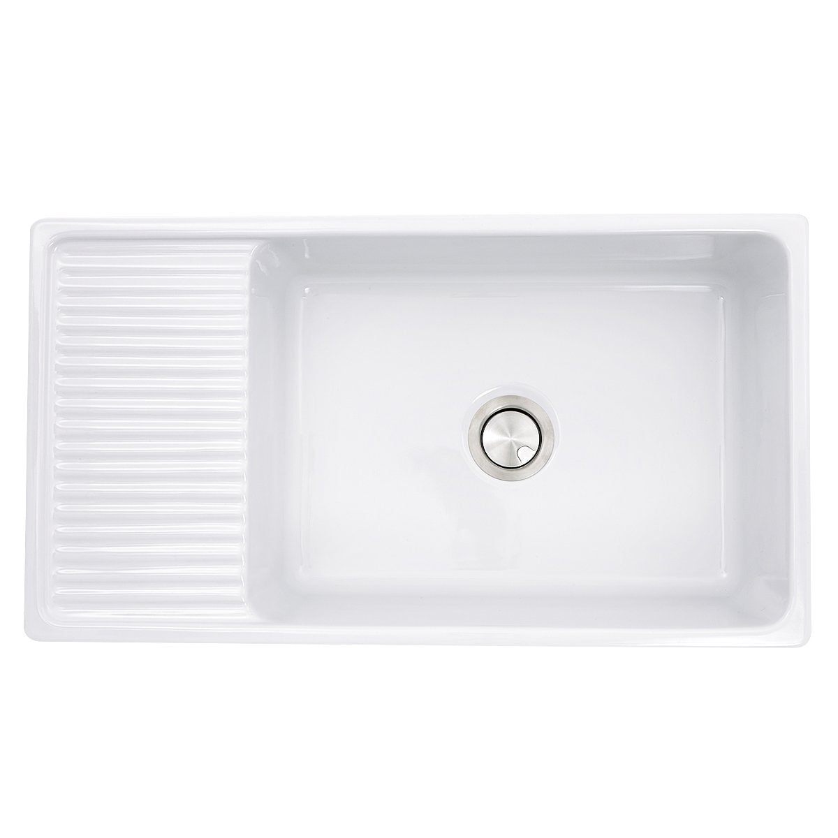 Nantucket 36" Italian Farmhouse Fireclay Sink with Built-In Drainboard - FCFS36-DB top view showing integrated drainboard.