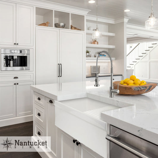 Nantucket 36" Italian Farmhouse Fireclay Sink with Built-In Drainboard - FCFS36-DB showcased in modern kitchen.