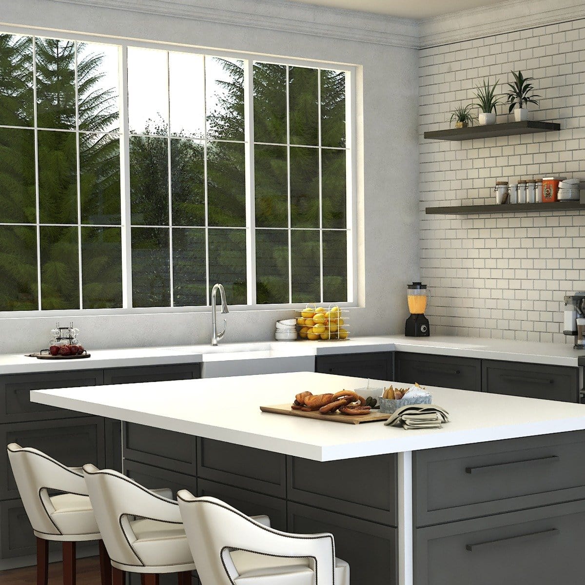 ZLINE Castor Chrome Kitchen Faucet CAS-KF-CH installed in a modern kitchen with large windows and ample countertop space.