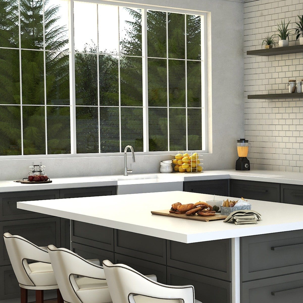 ZLINE Gemini Kitchen Faucet in a modern kitchen with natural light and contemporary decor.