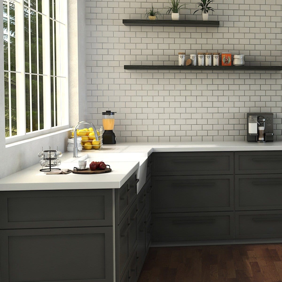 ZLINE Gemini Kitchen Faucet featured in a modern kitchen with gray cabinetry, minimalist decor, and ample natural light.