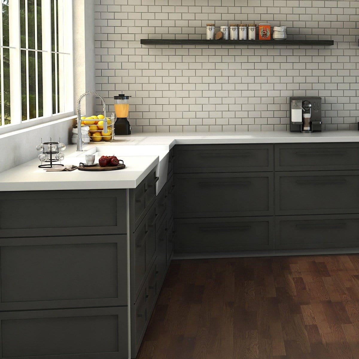 ZLINE Sierra Kitchen Faucet featured in a modern kitchen with gray cabinets and white countertops.
