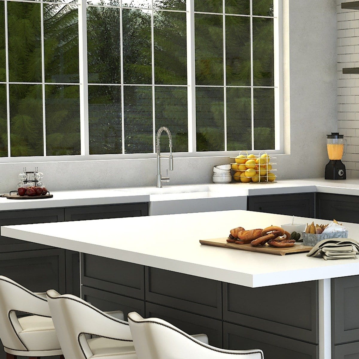 ZLINE Sierra Kitchen Faucet installed in a modern kitchen with a spacious island and natural light.