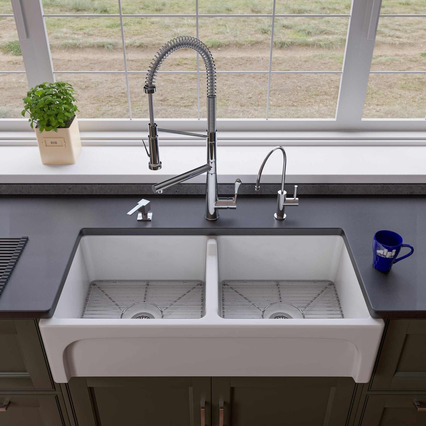 ALFI 39" Arched Thick Wall Fireclay Double Bowl Farm Sink AB3918ARCH-W in a modern kitchen setting with a stylish faucet.