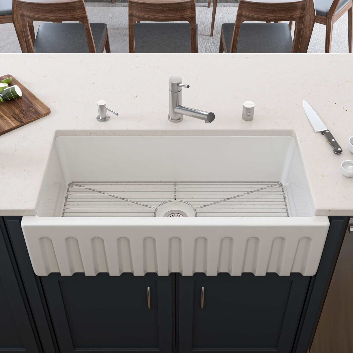 ALFI 36" White Reversible Smooth / Fluted Single Bowl Fireclay Farm Sink AB3618HS-W showing stylish apron design and countertop.