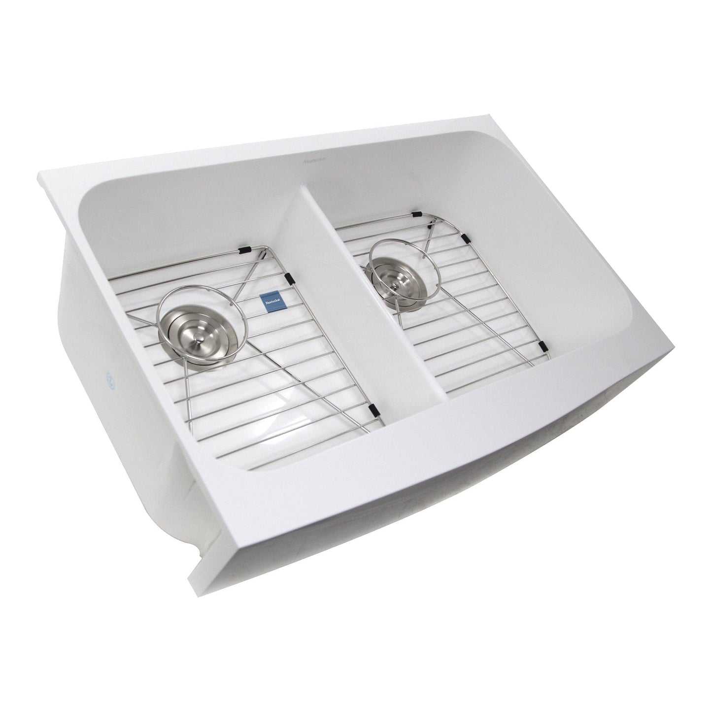 Nantucket Retrofit Glacierstone Double Bowl EZApron Kitchen Sink - NS-GSEZA32D with dual bowls and stainless steel grids.
