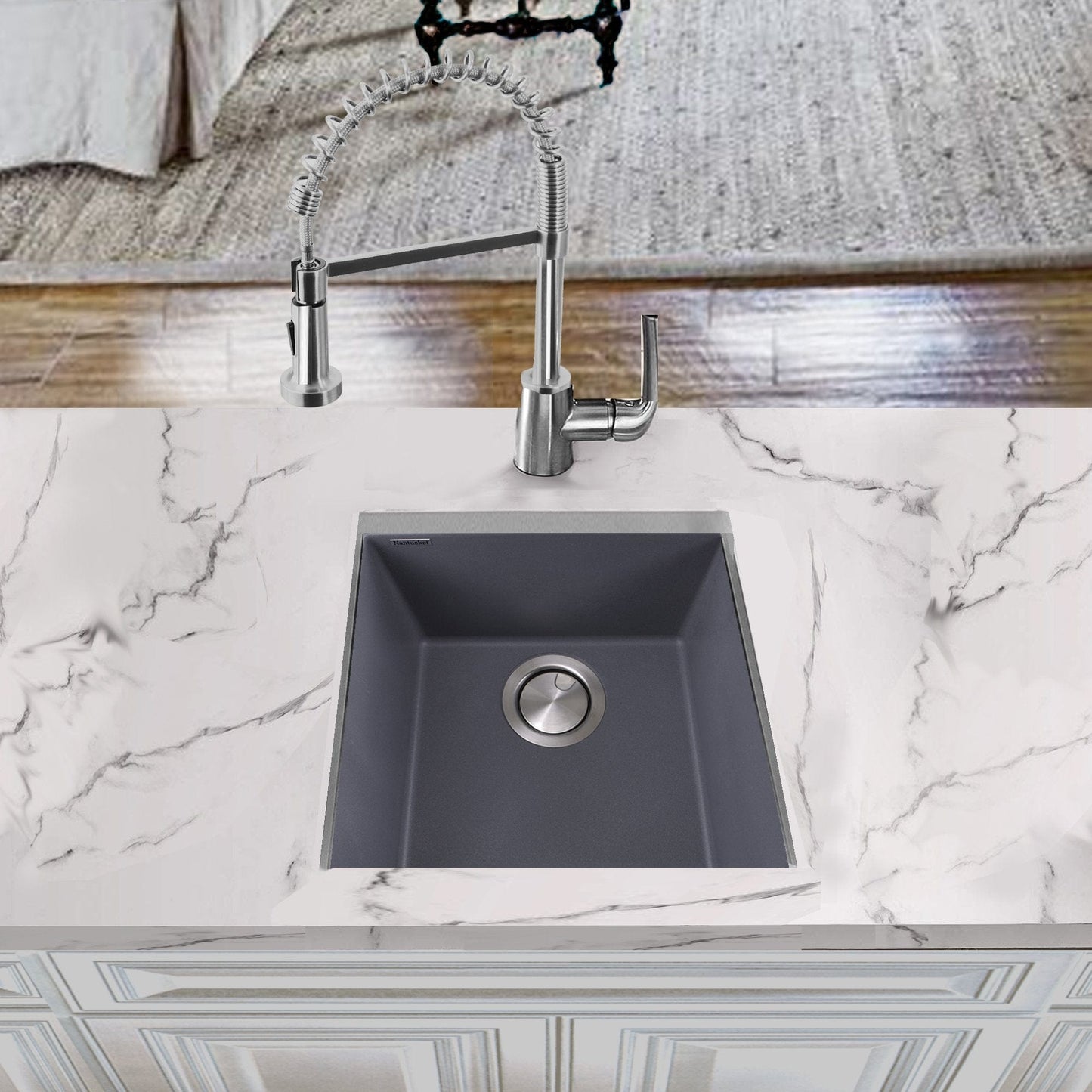 Modern Titanium Bar Sink - 17" Nantucket Undermount for Contemporary Spaces top view with marble countertop
