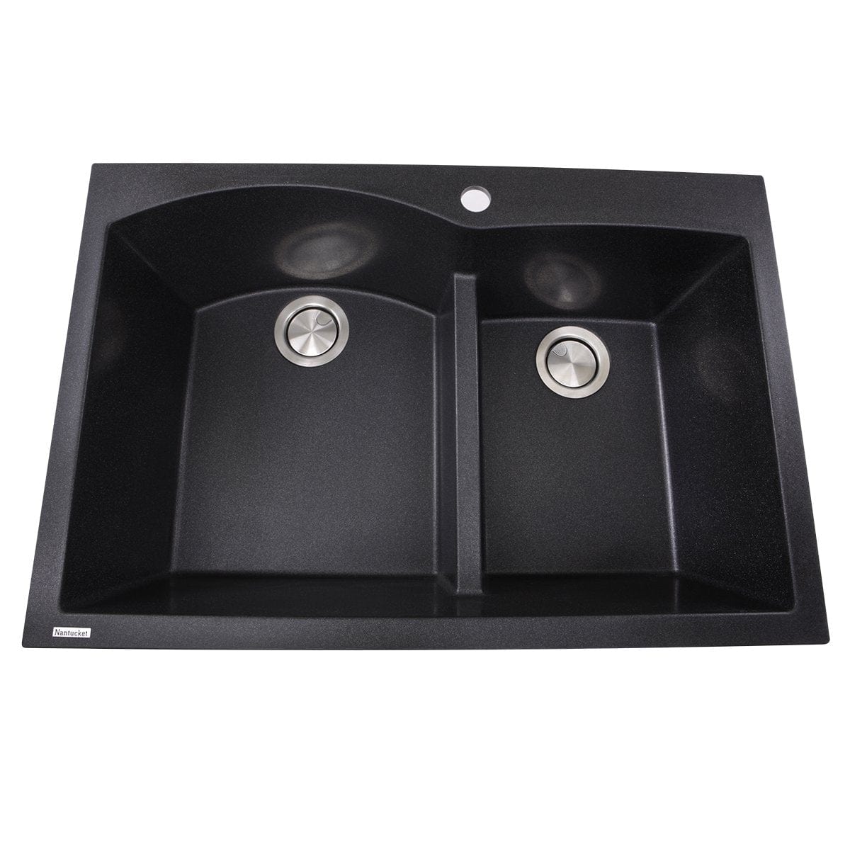 Nantucket 60/40 Double Bowl Dual-mount Granite Composite Black - PR6040-BL kitchen sink with dual bowls and low divider.