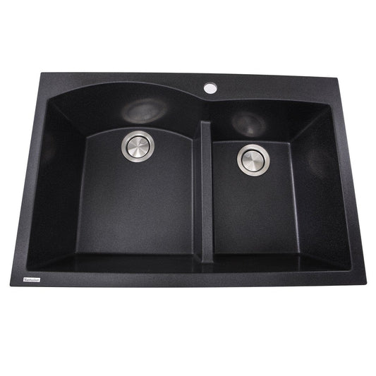 Nantucket 60/40 Double Bowl Dual-mount Granite Composite Black - PR6040-BL kitchen sink with dual bowls and low divider.