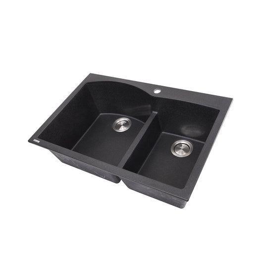Nantucket 60/40 Double Bowl Dual-mount Granite Composite Black - PR6040-BL kitchen sink with low divider.