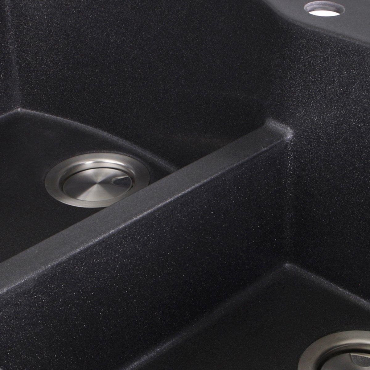 Nantucket 60/40 Double Bowl Dual-mount Granite Composite Black - PR6040-BL close-up of sink bowls and drain.