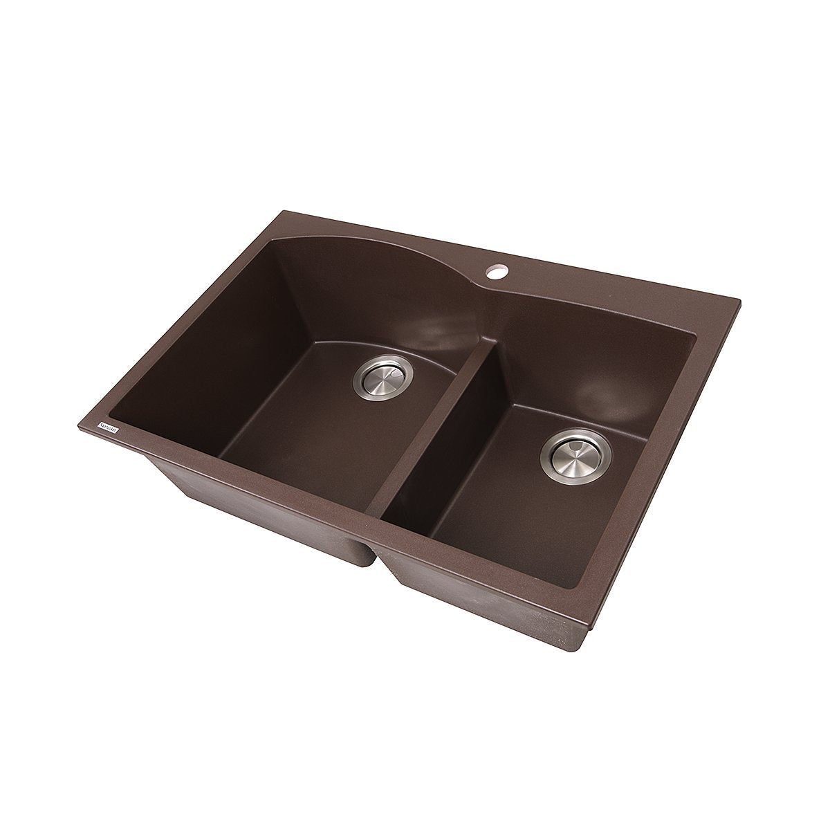 Nantucket 60/40 Double Bowl Dual-mount Granite Composite Brown - PR6040-BR sink top view with two bowls and strainers.