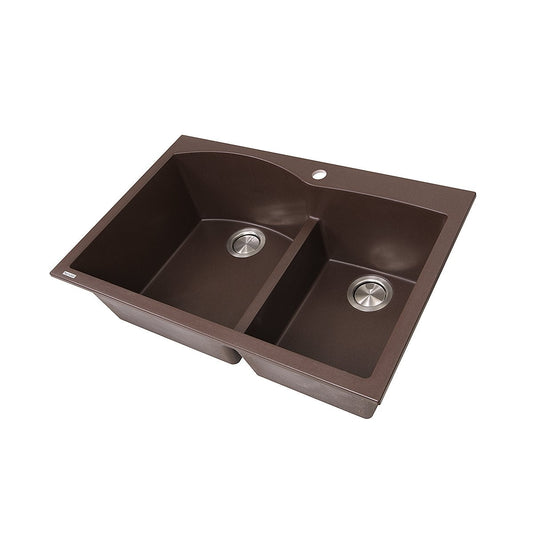 Nantucket 60/40 Double Bowl Dual-mount Granite Composite Brown - PR6040-BR sink top view with two bowls and strainers.