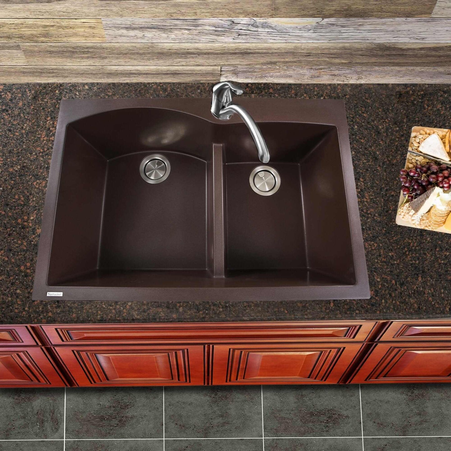 Nantucket 60/40 Double Bowl Dual-mount Granite Composite Brown - PR6040-BR installed in a kitchen with dark counter and cabinets.